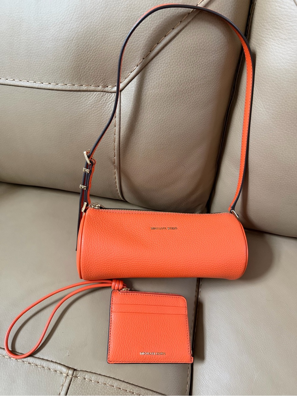 Michael Kors Orange Pebbled Leather Barrel Crossbody with Card Case